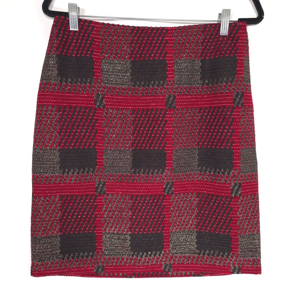 J MCLAUGHLIN Plaid Check Knit Skirt Red Black Metallic Mini Lined 6 Wool Blend